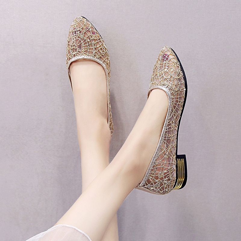 Women's Gold Lace Flats with Metallic Heel – Elegant Sequin Embellished Ballet Shoes for Weddings, Parties, and Formal Occasions3