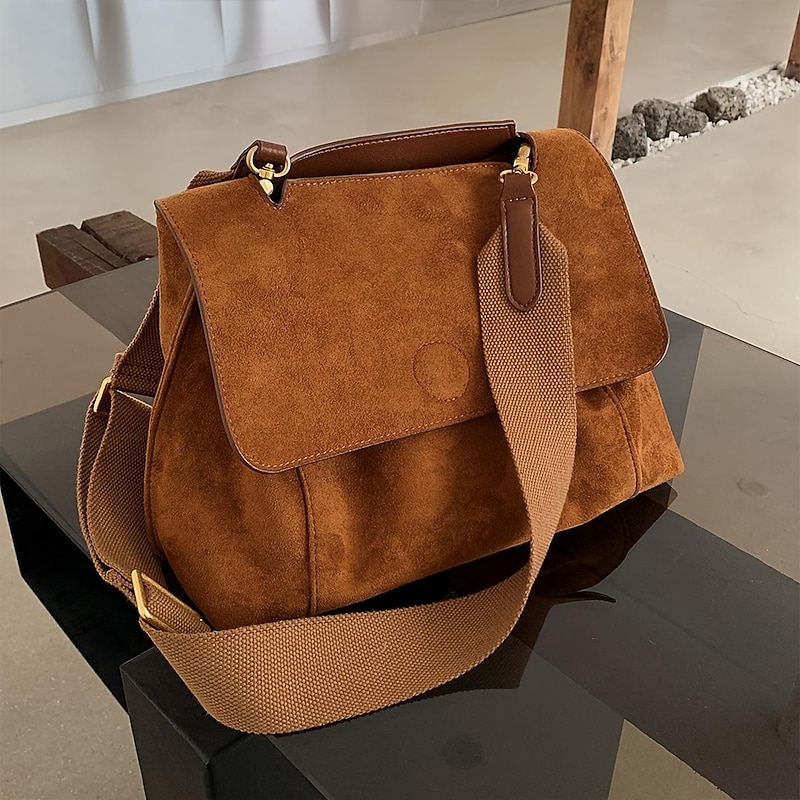 Women's Brown Suede Messenger Bag with Adjustable Strap – Casual Shoulder Bag for Work, Travel, and Everyday Use