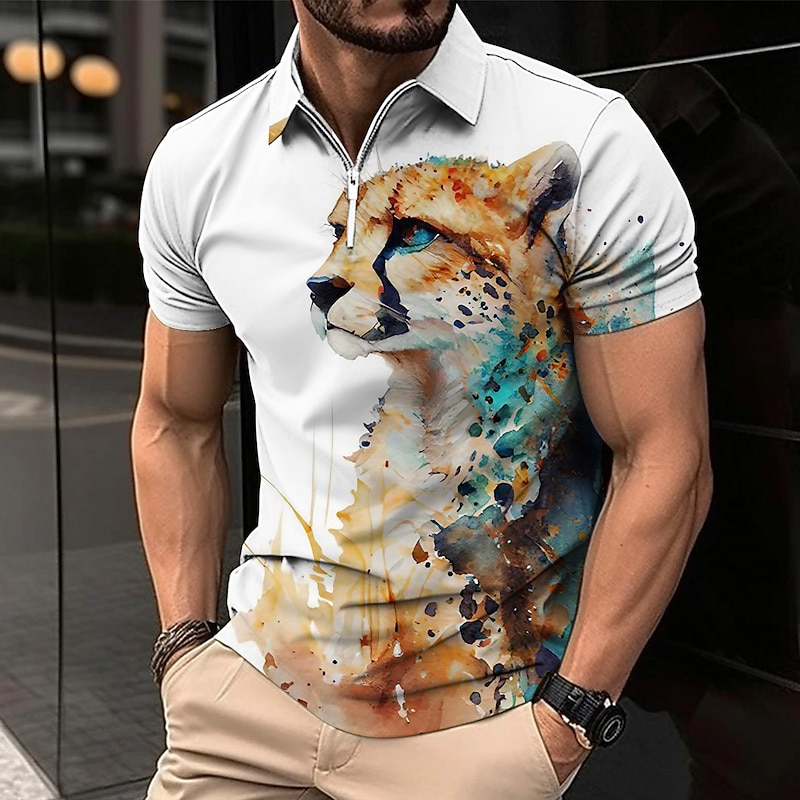 Men's Lion Zip Polo Shirts Golf Shirt Short Sleeve Polo Shirts Collared Shirts Casual Funny Streetwear Vacation Wear Party Outfits 3D Print Quarter Zip Polo Black White Yellow3
