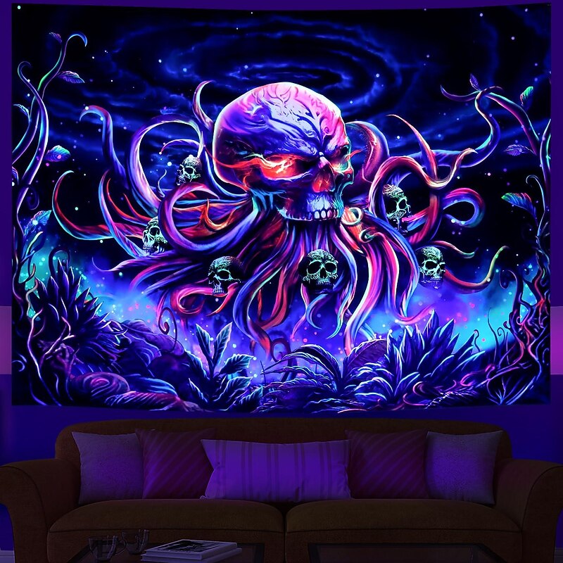 Skull Octopus Blacklight Tapestry UV Reactive Trippy Undersea Skeleton Hanging Tapestry Wall Art Mural for Living Room Bedroom  Decorations2