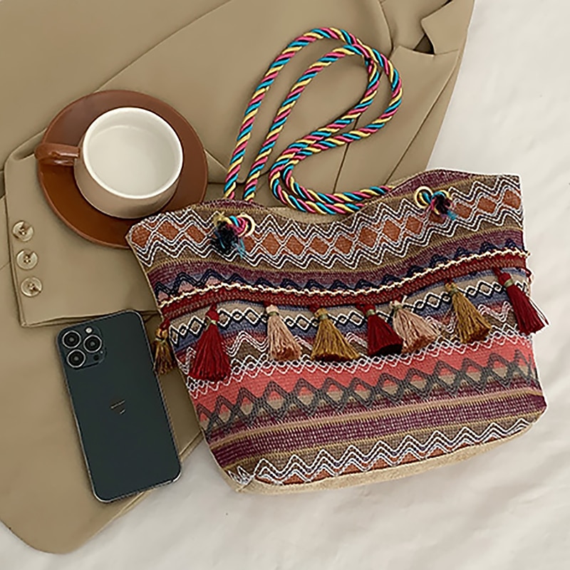 Bohemian Embroidered Canvas Tote Bag – Colorful Tassel Shoulder Handbag for Women, Casual Beach Travel Bag3
