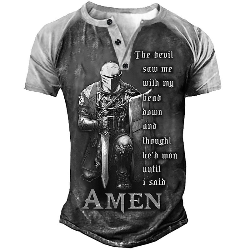 Men's T shirt Tee Henley Shirt Graphic Tee Slogan T Shirts Templar Cross Soldier Henley Navy Blue Blue Green Gray 3D Print Plus Size Outdoor Daily Short Sleeve Patchwork Button-Down Clothing Apparel3