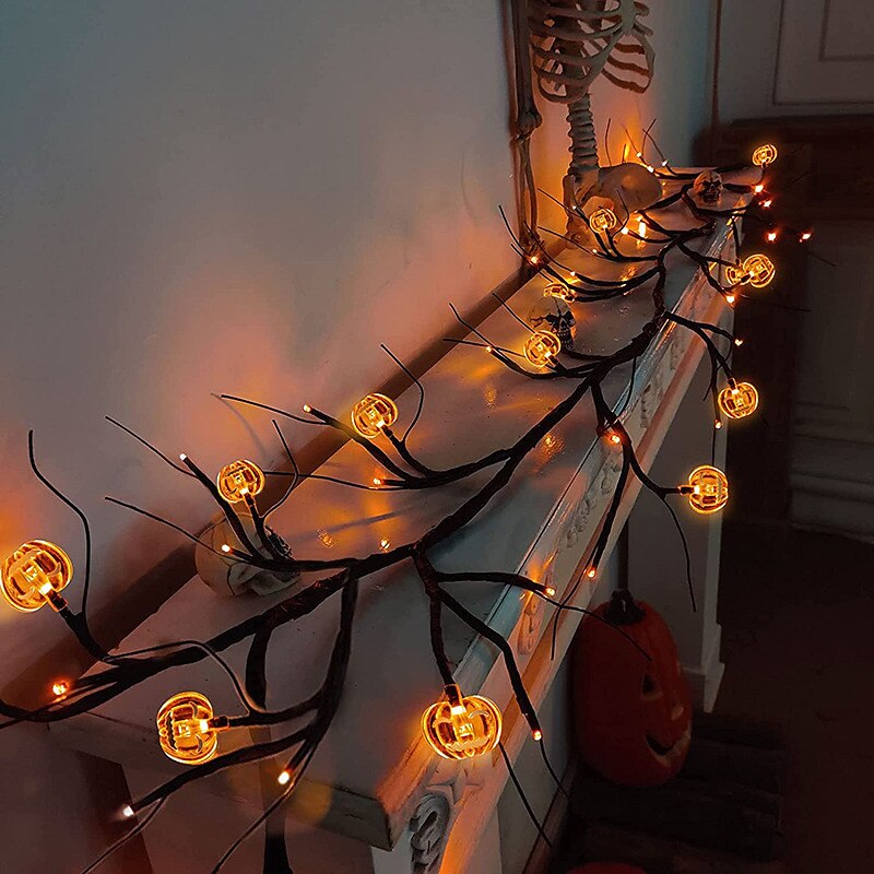 Halloween Willow Vine String Lights LED Pumpkin Bat Branches Garland Holiday Light for Halloween Indoor Outdoor Halloween Party Decor Lighting AA Battery Power4