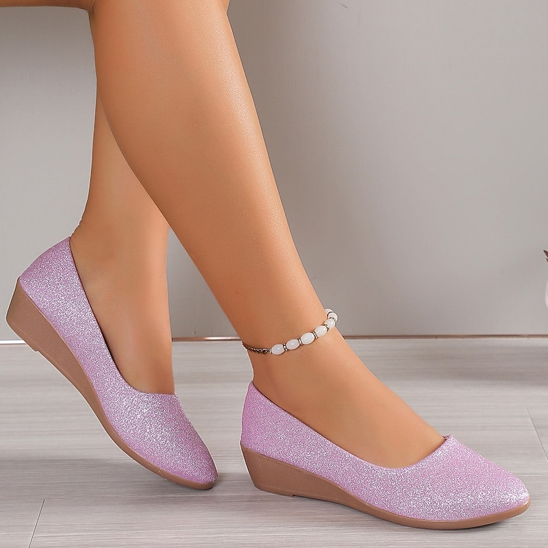 Women's Pink Glitter Wedge Flats – Comfortable Slip-On Sparkly Flats for Casual Outings, Parties, and Everyday Wear 6