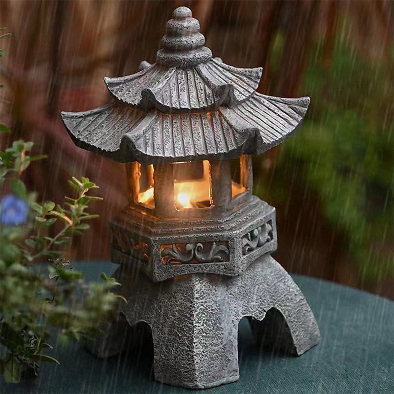 Zen Garden Ornaments - Solar Powered Pathway Tower Statue, Palace Lantern & Stone Pagoda Solar Lamp for Outdoor Decoration3
