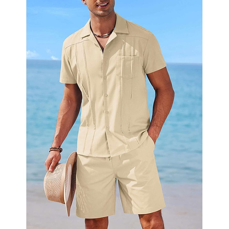 Men's Guayabera Shirt 2 Piece Shirt Set Casual Shirt Summer Shirt Black White Blue khaki Short Sleeve Plain Camp Collar Daily Vacation Front Pocket Clothing Apparel Fashion Casual Comfortable3