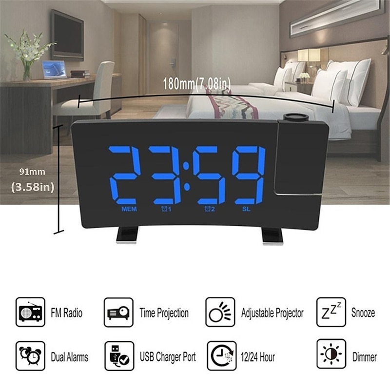 Projection Clocks FM Radio Curved-Screen Digital Alarm Clock LED Display with Dimmer Dual Alarm with USB Charging Port 12/24 Hours Backup Battery for Clock Setting4