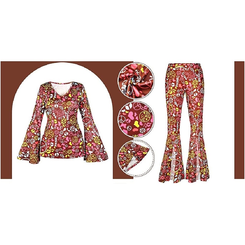 Hippie Retro Vintage 1960s Hippie 1970s Headband Shirt Bell Bottom Pants Flared Trousers Women's Costume Vintage Cosplay Party / Evening Carnival Masquerade Long Sleeve Shirt Halloween4