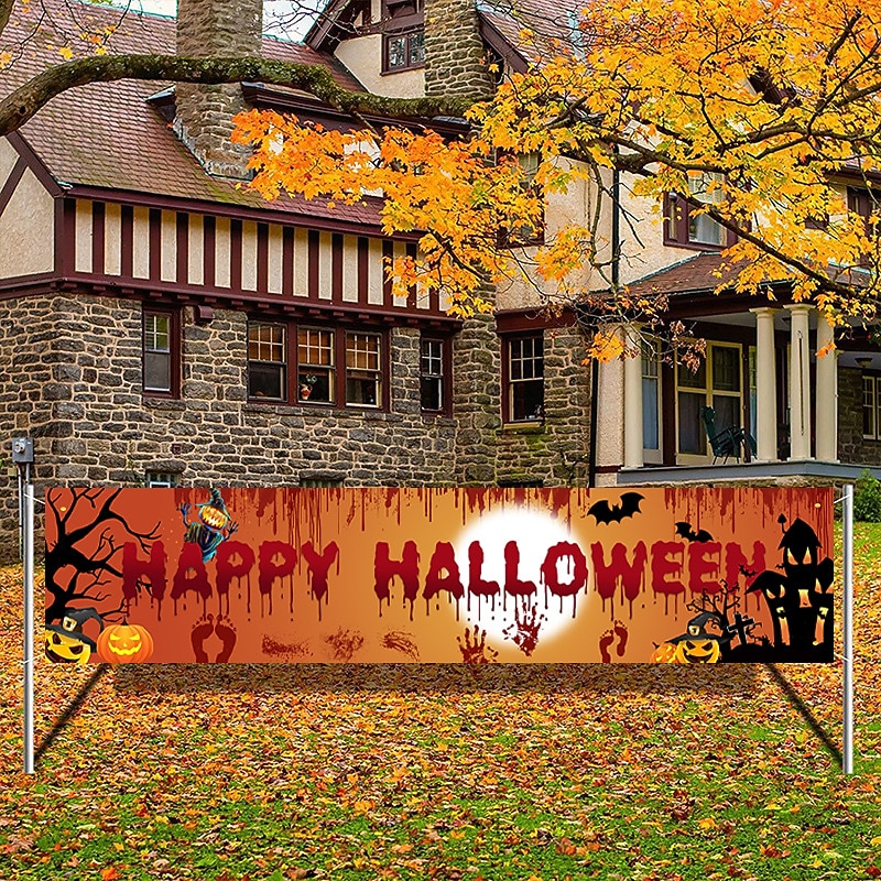 Halloween Banner Decoration Outdoor Banner Hanging Banner Front Door Porch Courtyard Sign Indoor Home Wall Decoration Halloween Party Welcome Sign3