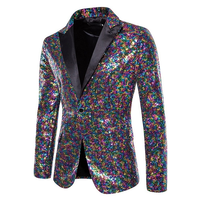 Men's Blazer Performance Party / Cocktail Ballroom Dance Vintage 1980s Summer Spring Polyester Sequined Solid Color Single Breasted One-button Blazer Silver White Dark Navy Green2