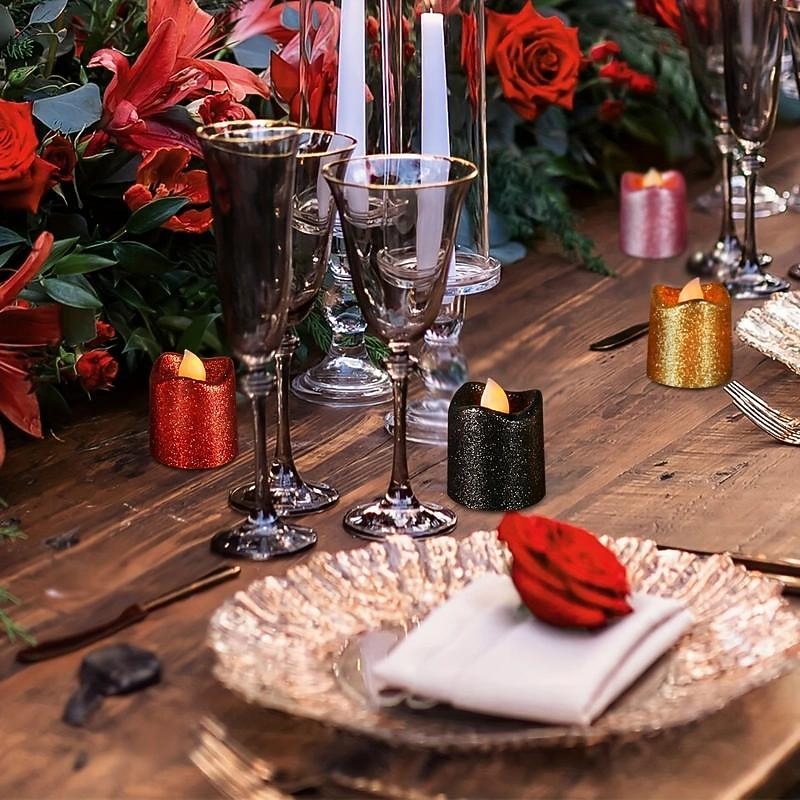 12pcs Flickering Flameless Candles Light Shiny Glitter Votive Candles LED Tea Lights Decoration for Christmas/Halloween Holidays Wedding Outdoor Table Party Festival4