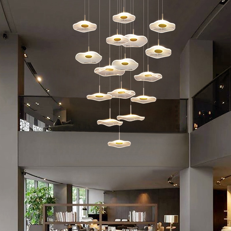 Chandelier 3/6/8/10/12 Head Modern Light Luxury Chandelier Lotus Leaf Acrylic Lamp Shade Staircase Long Chandelier Living Room Restaurant LED Light 110-240V