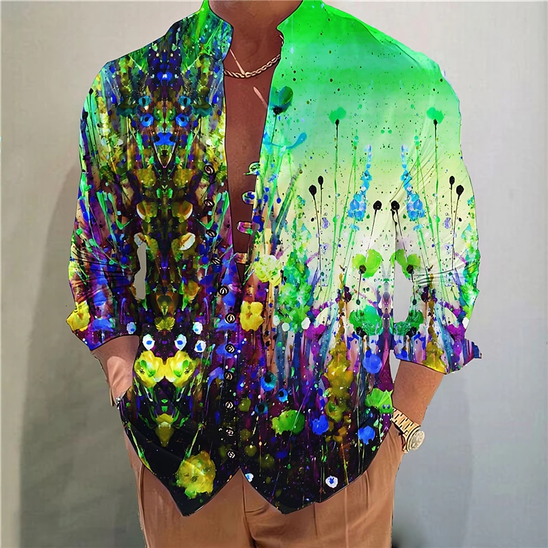 Men's Floral Color Block Shirt Button Up Shirt Long Sleeve Fashion Streetwear Designer Outdoor Casual Daily Summer Spring Fall Stand Collar Print Red Blue Light Purple Purple Green3