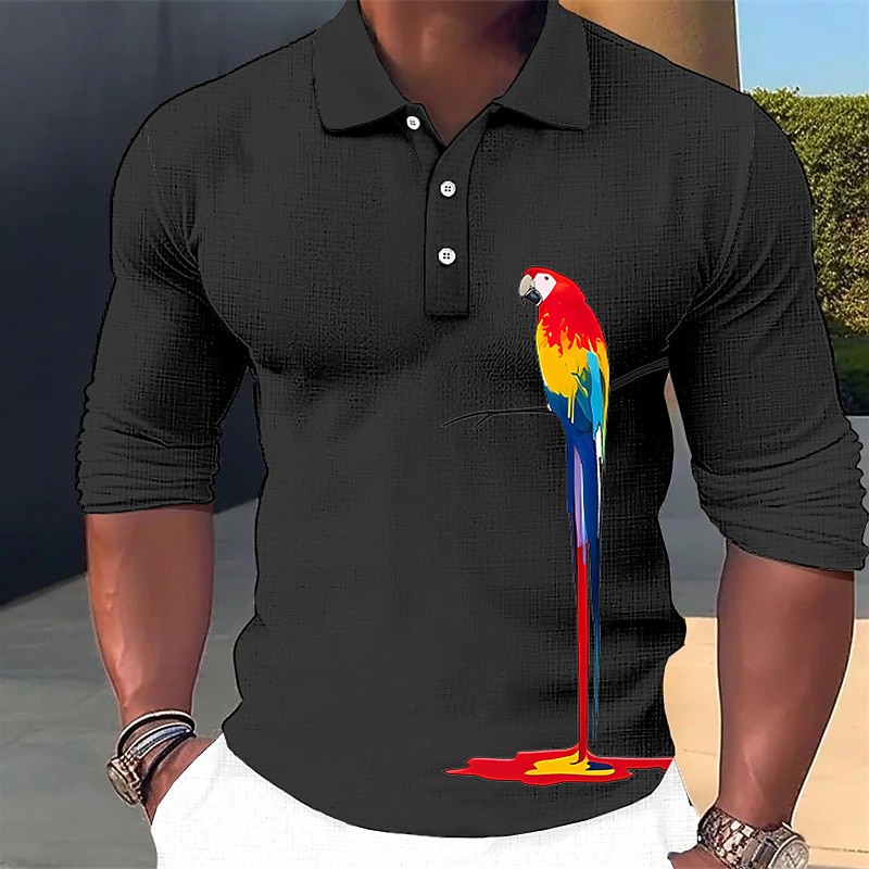 Men's Parrot Hawaiian Polo Shirts Golf Shirt Long Sleeve Polo Shirts Collared Shirts Casual Funny Beach Wear Vacation Wear Party Outfits 3D Print Buttons Black White Blue2