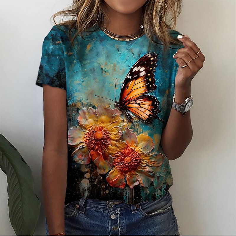 Women's T Shirt Basic Floral Butterfly Print Short Sleeve Regular Tops Round Neck Holiday Weekend Green