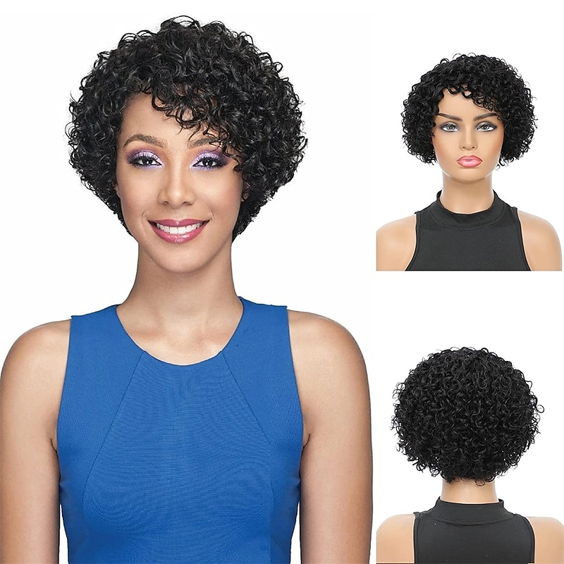 Short Curly Human Hair Wigs for Black Women 8 Inch Short Curly Wig Brazilian Human Hair Wig Deep Wave Side Part Pixie Cut  Wigs Afro Kinky Bob Wig for Women