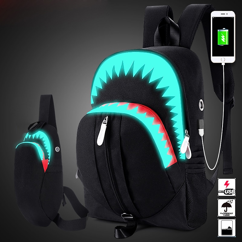 USB function backpack School Bag Men Fashion USB Charging Night Luminous Backpack Shark Laptop Backpack Teenagers School Bag Travel Bag Black4