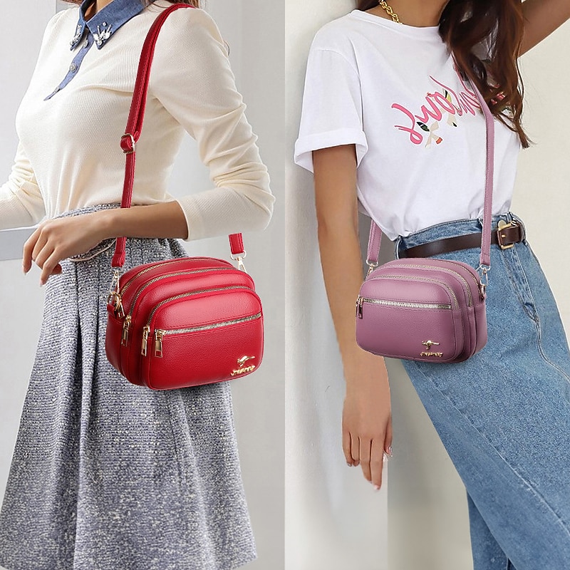 Women's Crossbody Bag Shoulder Bag Dome Bag PU Leather Shopping Daily Zipper Large Capacity Waterproof Lightweight Solid Color Black Red Purple2