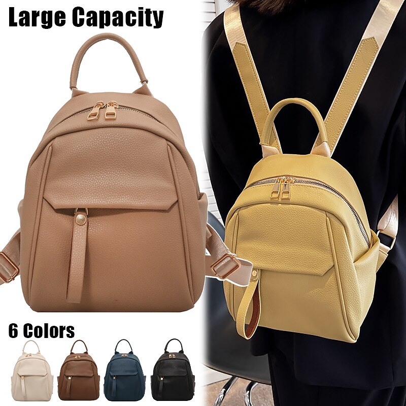 Women's Backpack Mini Backpack Commuter Backpack School Daily Solid Color PU Leather Large Capacity Waterproof Durable Zipper Black Yellow Blue