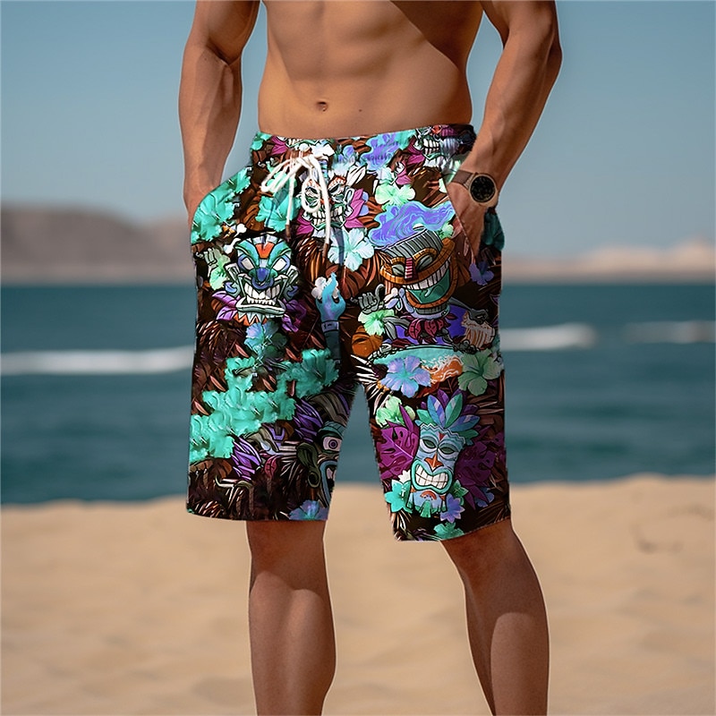 Men's Mask Indian Culture Flower / Floral Sweat Shorts Beach Shorts Terry Shorts Mid Waist Hawaiian Ethnic Daily Holiday Streetwear Drawstring Elastic Waist 3D Print Designer Clothing Apparel2