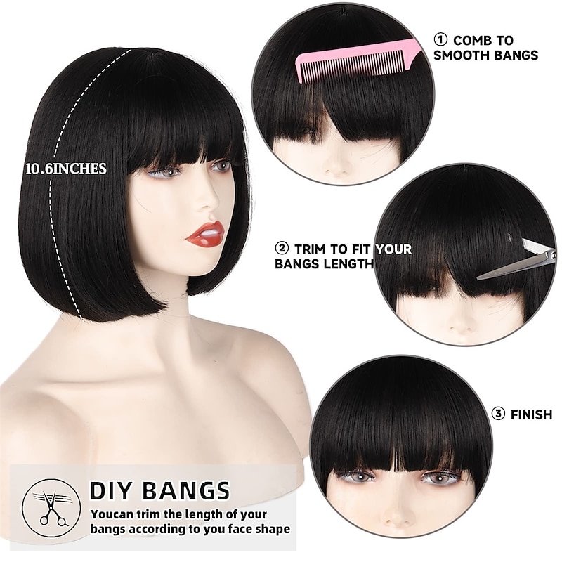 Black Short Bob WigStraight Black Bob Wig with bangs 10 inch Straight Bob Bangs Wig for Women Natural Looking for Daily Use Halloween Wigs4