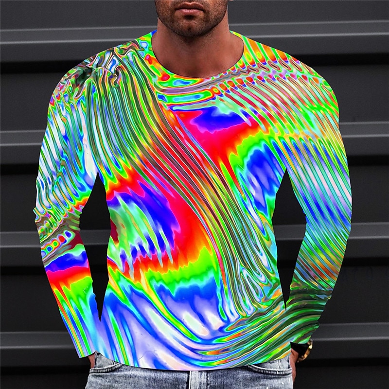 Men's Graphic Optical Illusion Metallic Shirt T Shirt Long Sleeve T shirt 3D Print Crew Neck Shirt Vintage Fashion Designer Outdoor Daily Sports Yellow Purple Green Spring &  Fall Clothing Apparel S3
