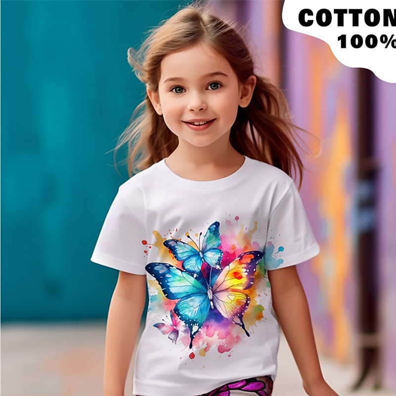 Girls' 3D Graphic Butterfly T shirt Tee Short Sleeve 3D Print Summer Spring Active Fashion Cute 100% Cotton Kids 3-12 Years Outdoor Casual Daily Regular Fit