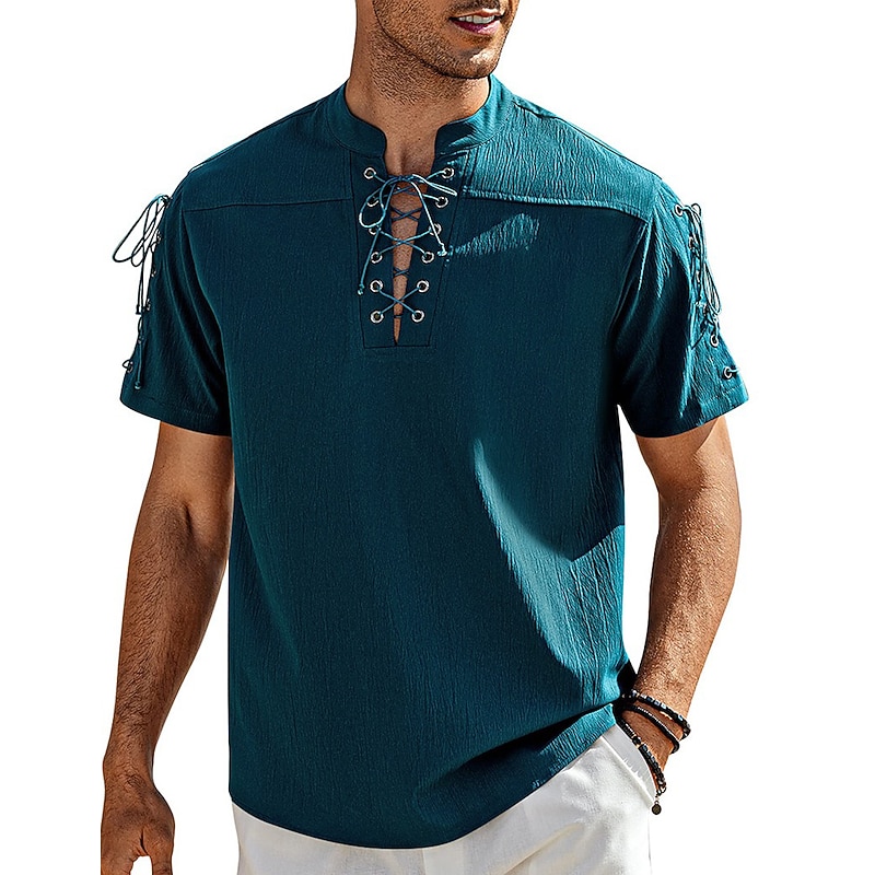 Men's Shirt Linen Shirt Casual Shirt Beach Shirt Plain Vacation Hawaiian Black White Blue Brown Short Sleeve Stand Collar Spring & Summer Clothing Apparel Basic3