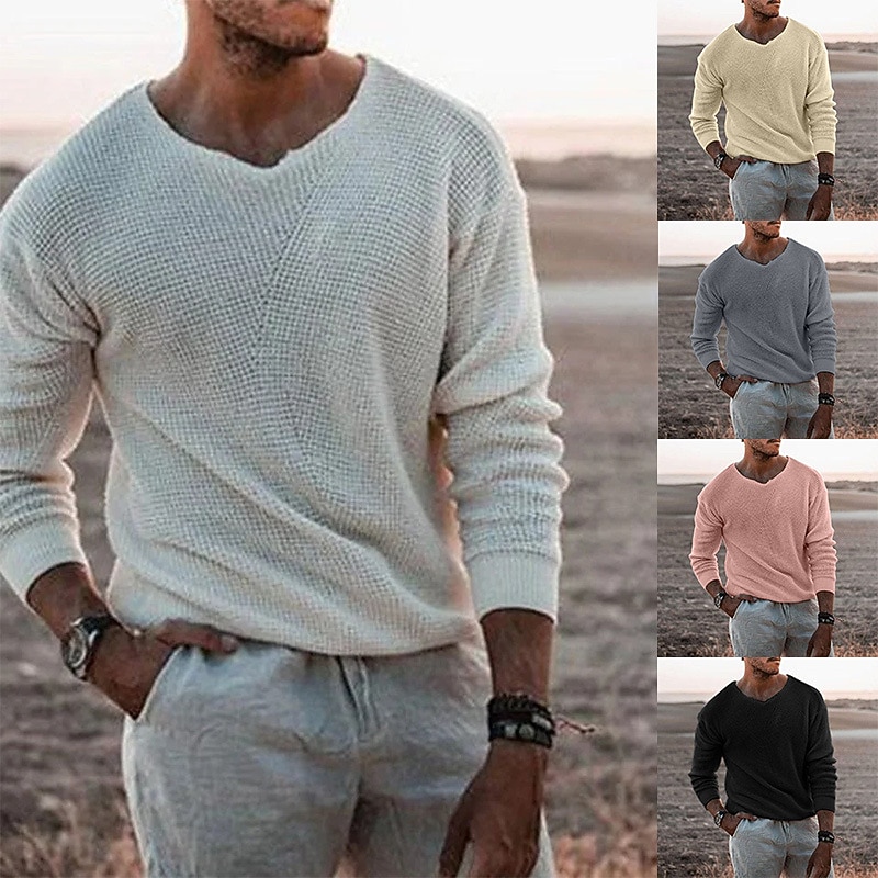 Men's Sweater Pullover Sweater Jumper Ribbed Knit Cropped Knitted V Neck Clothing Apparel Spring Fall Camel Gray / GRAY S M L