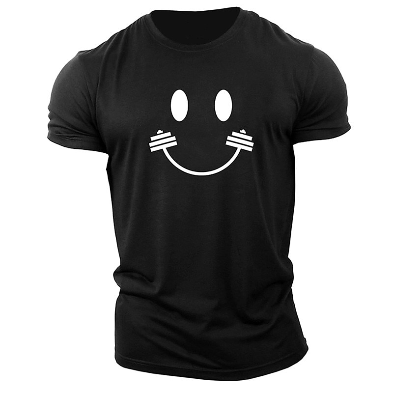 Men's Gym Workout Graphic T-Shirt with Barbell Smiley Face Design3