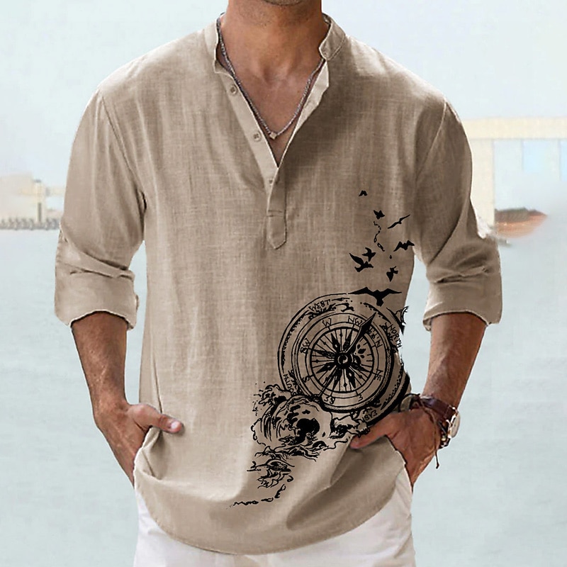 Men's Bird Nautical Vintage Shirt Button Up Shirt Long Sleeve Vintage Fashion Streetwear Casual Going out Summer Spring Fall Stand Collar Print Black Pink Orange Green Khaki