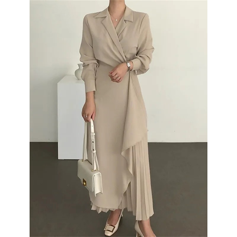 Women's Casual Dress Maxi long Dress Pleated Daily Elegant Fashion Shirt Collar Long Sleeve Black Brown Apricot Color