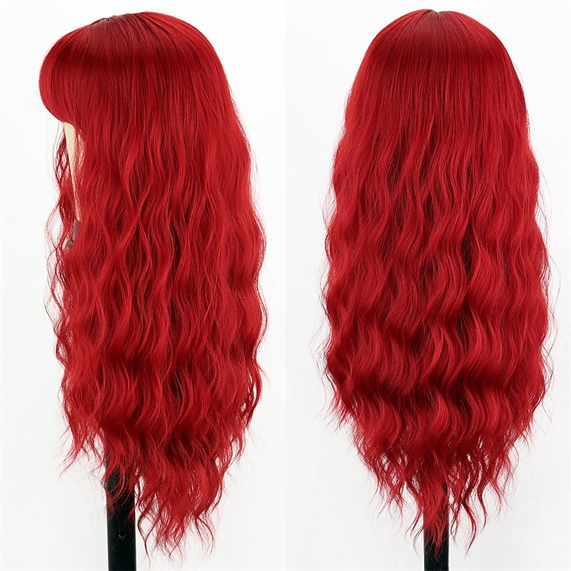 Long Wavy Red Wig with Bangs Synthetic Long Red Hair wigs for Women Wine Red Curly Cosplay Burgundy Wig for Girls Daily Party Use Halloween Wigs3
