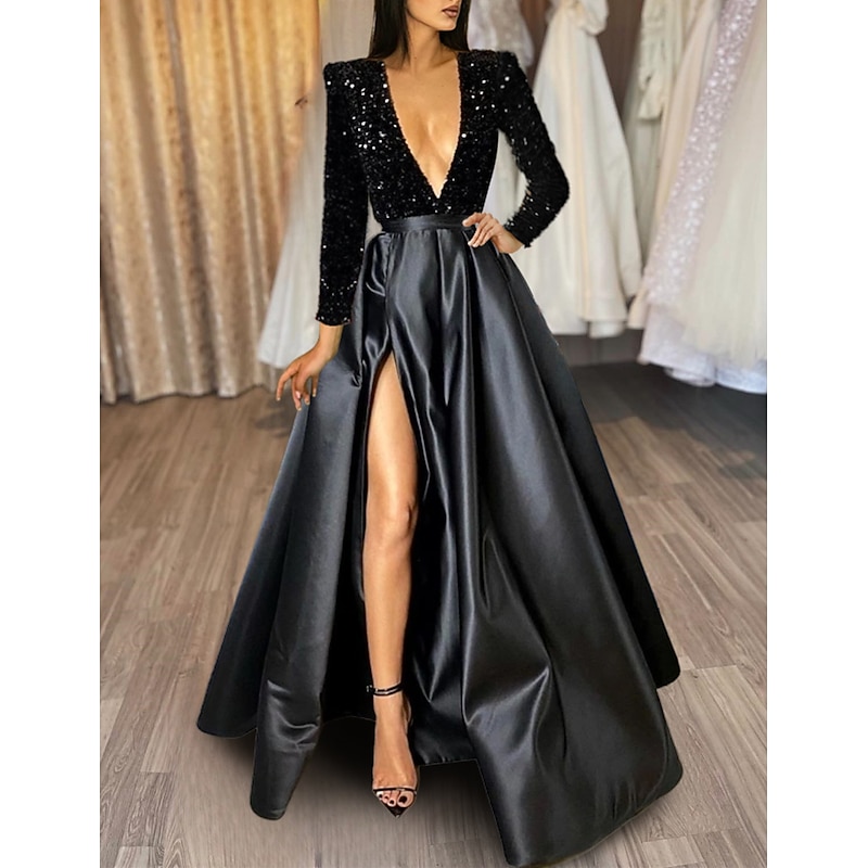 A-Line Evening Gown Sparkle & Shine Dress Formal Wedding Court Train Half Sleeve V Neck Satin with Sequin Slit Masquerade Dress