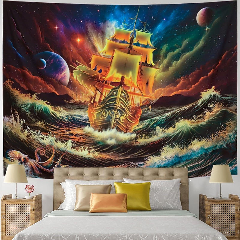 Blacklight Tapestry UV Reactive Glow in the Dark Glow Party Neon Psychedelic Trippy Misty Hanging Tapestry Wall Art Mural for Living Room Bedroom Ocean Wave2
