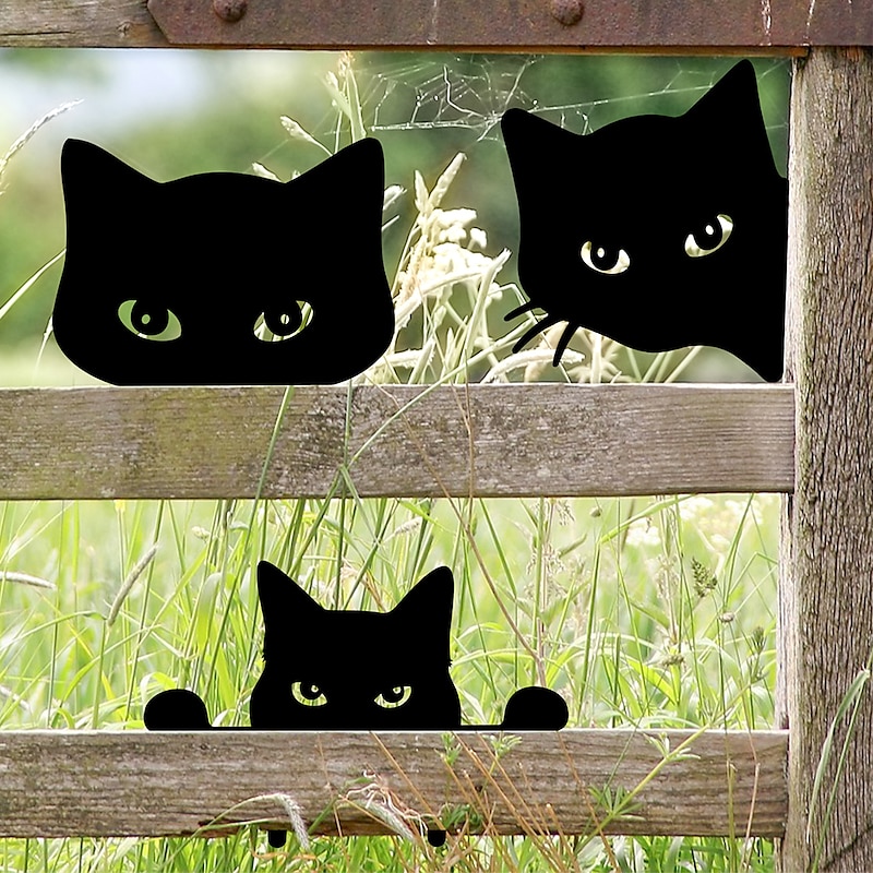 Black Acrylic Peeping Cat Garden Wooden Stake Decoration Cat Head Silhouette Waterproof Outdoor Card Insertion Suitable for Halloween Courtyard Decoration Fence Decoration Available All Seasons 1PC