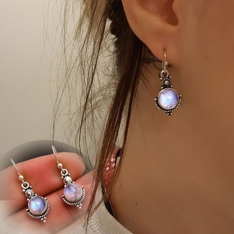 moonstone retro earrings    fashion thai silver colorful gemstone ear hook ear jewelry