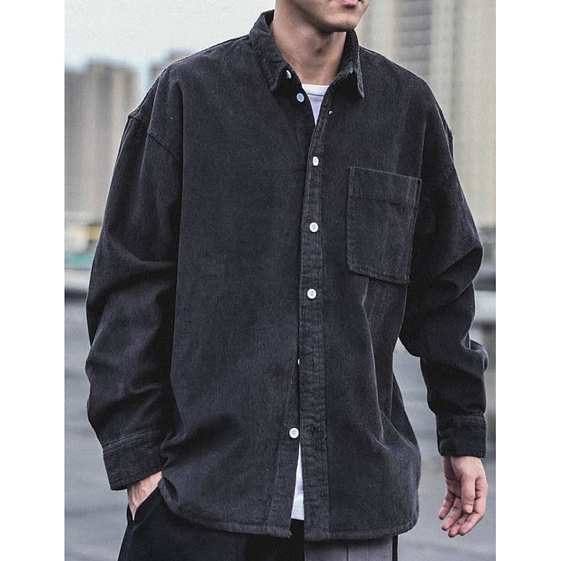 Men's Corduroy Shirt Shirt Jacket Overshirt Plain Outdoor Daily Black Coffee Gray Long Sleeve Lapel Spring &  Fall Clothing Apparel Pocket3