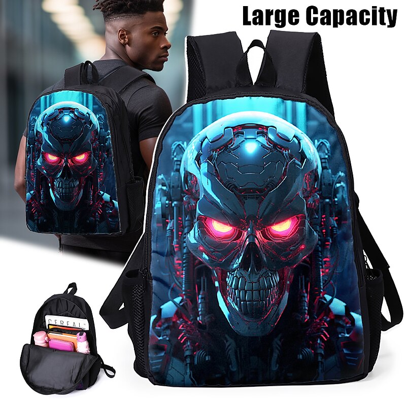 Large Capacity Cyber Skull Backpack for Teens – Futuristic Red-Eye Robot Print Laptop Bag with USB Port for School or Travel