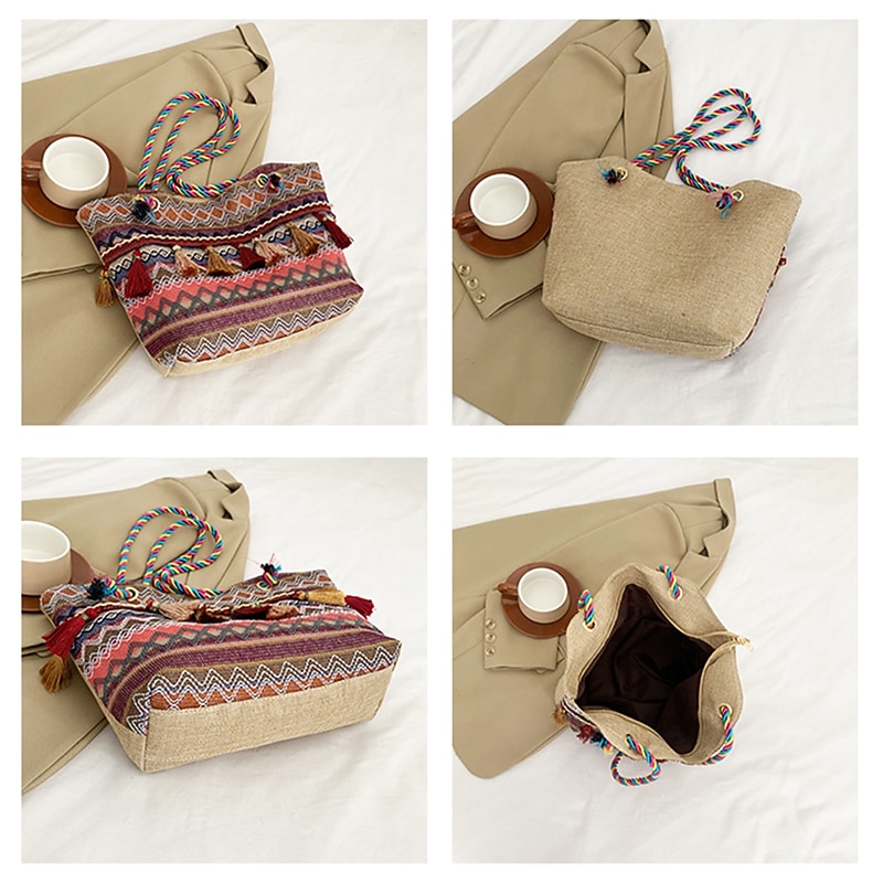 Bohemian Embroidered Canvas Tote Bag – Colorful Tassel Shoulder Handbag for Women, Casual Beach Travel Bag4