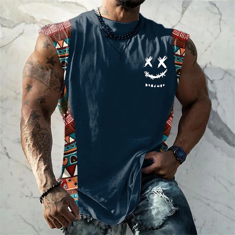Men's Graphic Color Block Tribal Vest Top Sleeveless T Shirt for Men Cap Sleeve T shirt 3D Print Crew Neck Shirt Fashion Designer Muscle Daily Sports Gym Black White Navy Blue Spring & Summer3