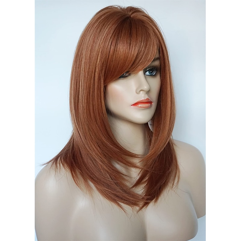 Medium Length wig for women Copper wig Ginger wig Layered wig with bangs Synthetic wig Highlight for white Women4