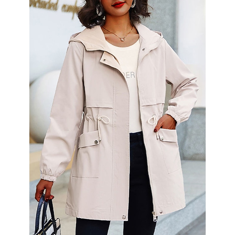 Women's Trench Coat Fall Outdoor Zipper Plain Breathable Streetwear Regular Fit Outerwear Long Sleeve Black M