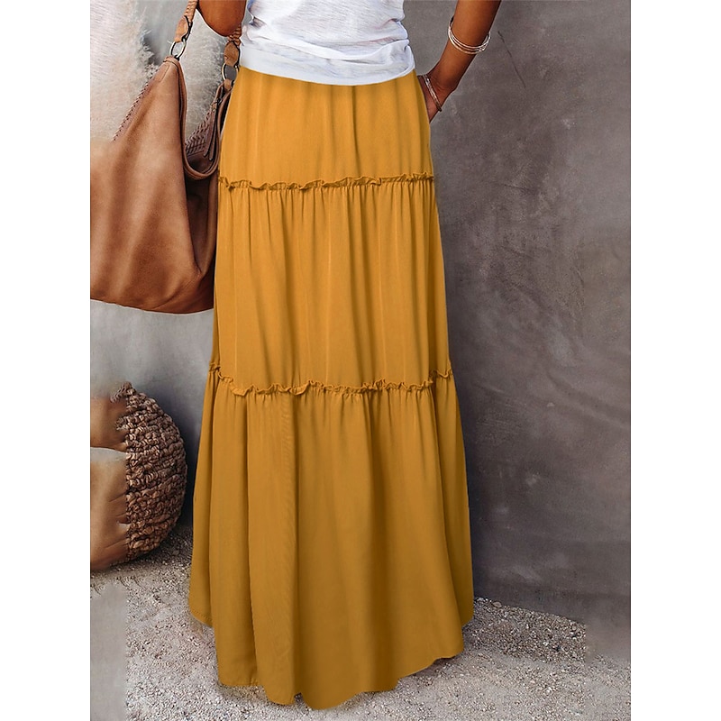 Women's Loose Skirt Maxi High Waist Skirts Ruched Ruffle Drawstring Solid Colored Street Daily Summer Polyester Cotton And Linen Fashion Casual Violet Black Yellow Red2