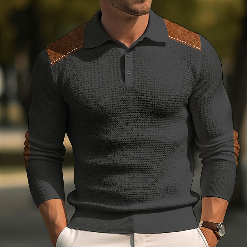 Men's Waffle Polo Shirt Button Up Polos Casual Sports Lapel Long Sleeve Fashion Basic Color Block Button Summer Regular Fit Black White Royal Blue Dark Gray Waffle Polo Shirt3