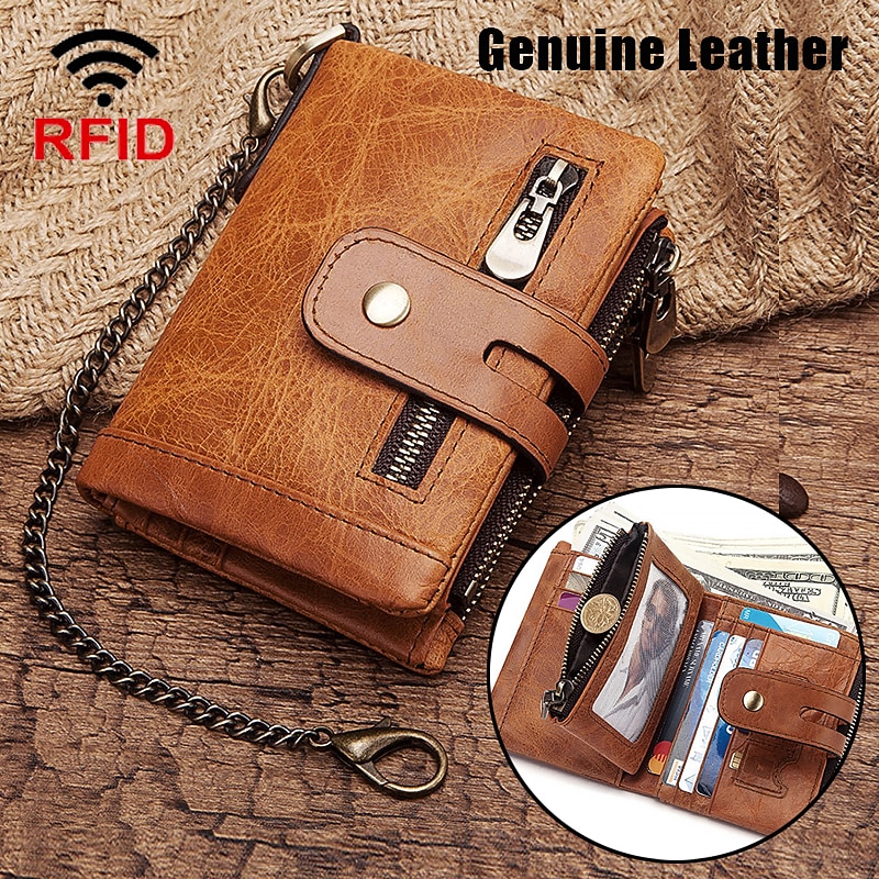 Men's Vintage Leather Wallet – Bifold Zipper Wallet with Chain, Multi-Card Slots & Snap Closure for Casual & Business Use