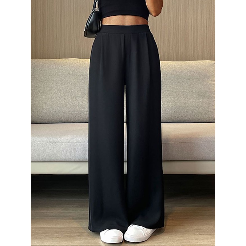 Women's Dress Pants Wide Leg Maillard Trousers Full Length Pocket Baggy Micro-elastic High Waist Fashion Streetwear Work Street Black Blue M L Summer Fall2