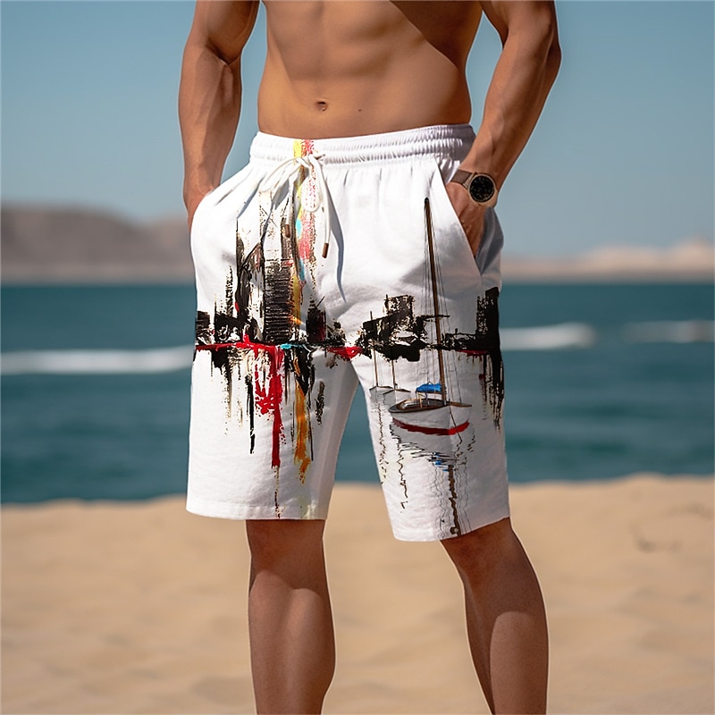 Men's Graphic Prints Building Sailboat Beach Shorts Terry Shorts Mid Waist Casual Athleisure Daily Holiday Streetwear Drawstring Elastic Waist 3D Print Designer Clothing Apparel