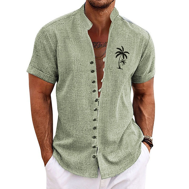 Men's Coconut Tree Tropical Plants Summer Hawaiian Shirt Button Up Shirt Aloha Shirt Short Sleeve Shirt Stand Collar Hawaiian Outdoor Vacation Street Blue Green Khaki S M L