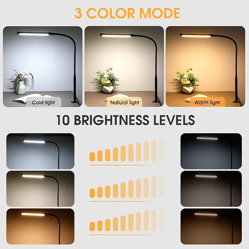 Led Desk Lamp for Home Office Eye-Caring Clip Lights Architect Reading Task Clamp Lamps 3 Modes 10 Brightness Flexible Gooseneck with Memory Function3